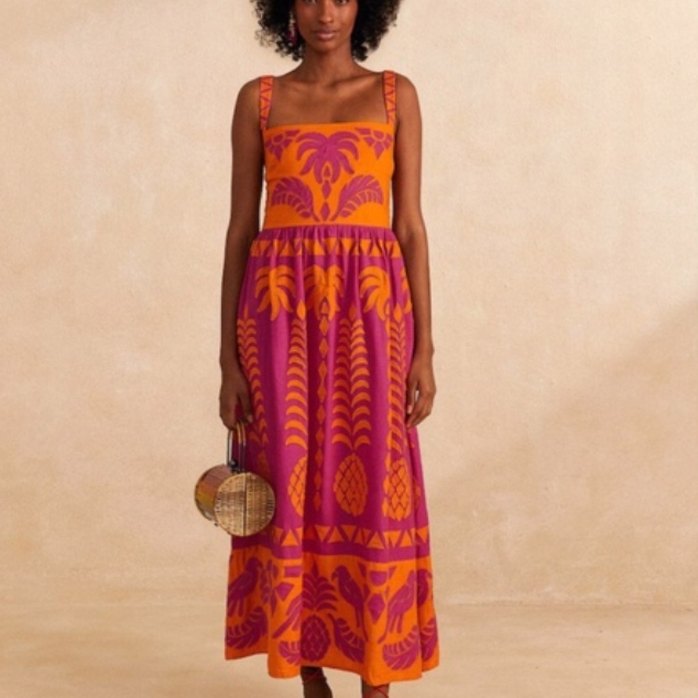 Farm Rio Orange Pineapple Love Cutwork Dress